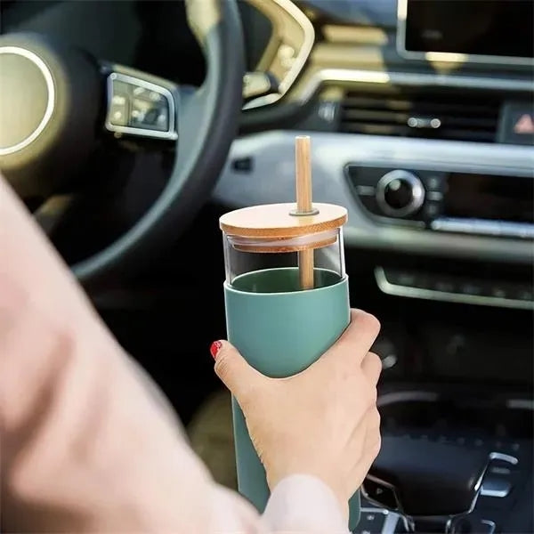 17oz Glass Water Tumbler With Bamboo Lid & Straw