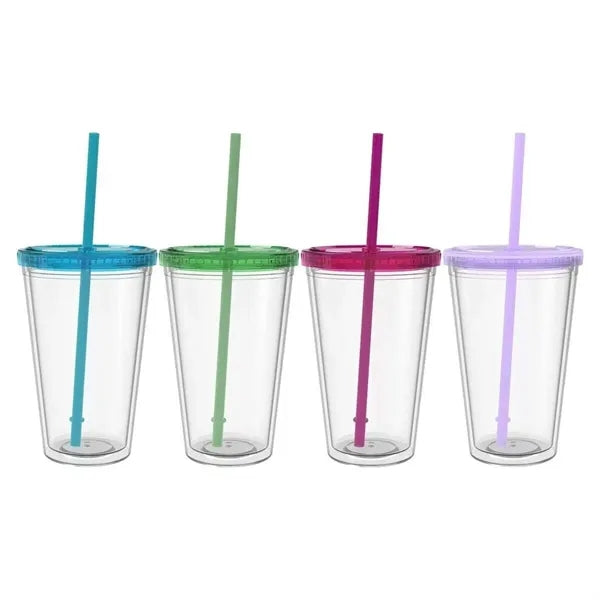 16 Oz Double Wall Plastic Staduim Tumbler With Straw