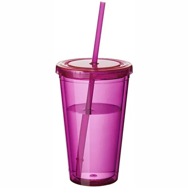 16 Oz Double Wall Plastic Staduim Tumbler With Straw