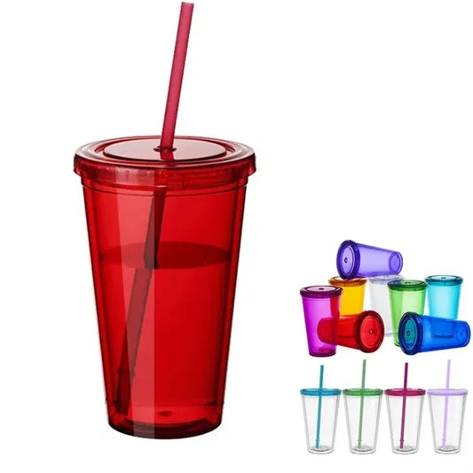 16 Oz Double Wall Plastic Staduim Tumbler With Straw