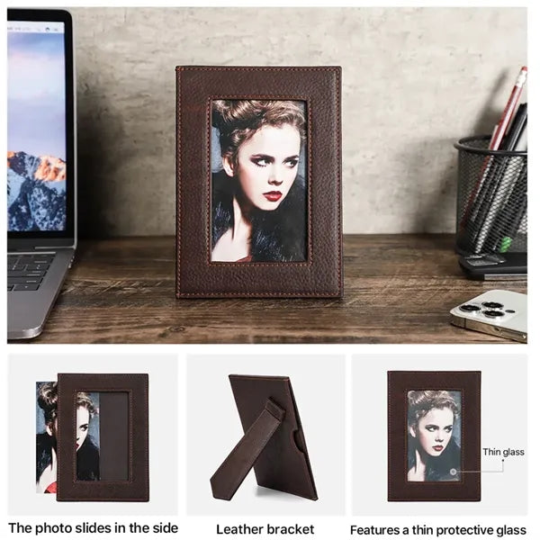 Genuine Leather Photo Frame with Bracket Protective Glass