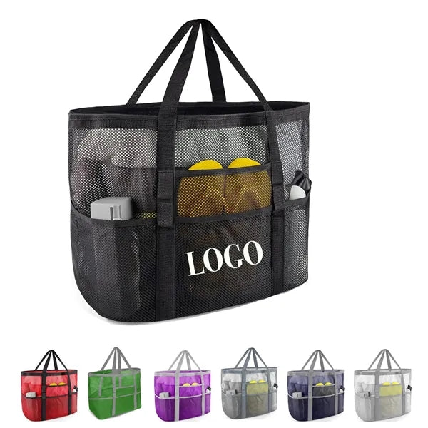 8 Pockets Foldable Family Mesh Beach Tote Bag 17"x7.8"x15.3"