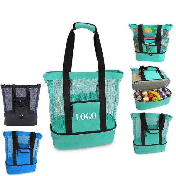 2-in-1 Mesh Beach Tote Bag w/Insulated Cooler 15"x6"x18"