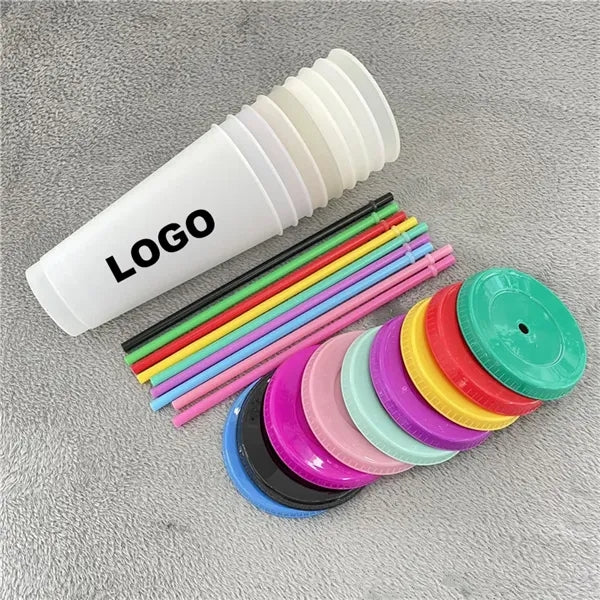 24oz Plastic Color Changing Tumbler with Lids and Straws