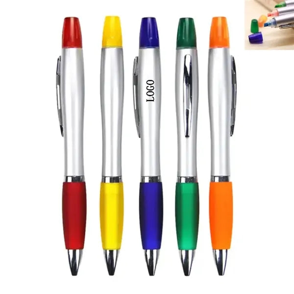 2 In 1 Plastic Click Action Ballpoint Pen With Highlighter