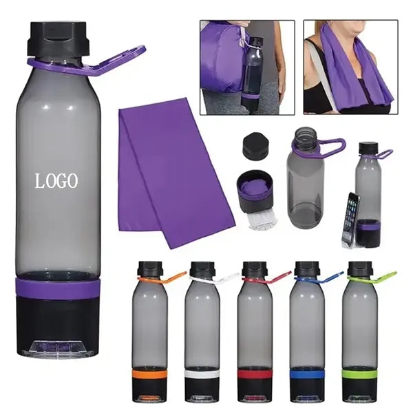 22oz PTE Plastic Water Bottle With Hook & Cooling Towel