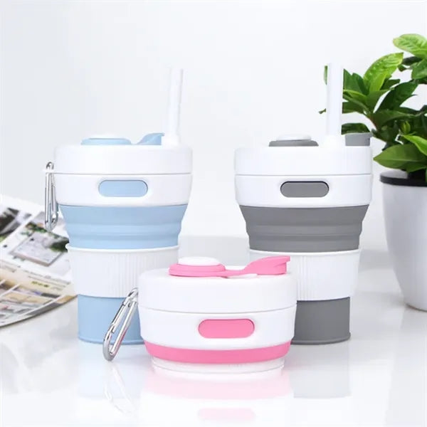 16oz Collapsible Silicone Coffee Mug with straw