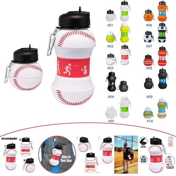 Collapsible BPA-Free Silicone Baseball Water Bottle for Kids