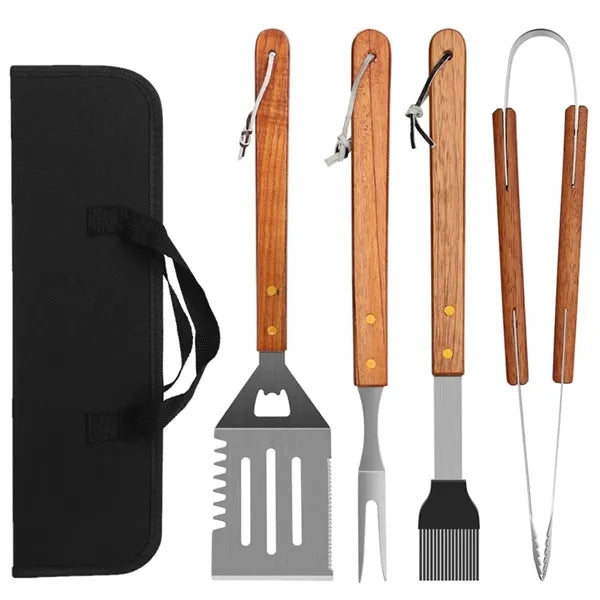 4 Piece Wooden Handle Stainless Steel BBQ Tool Kit