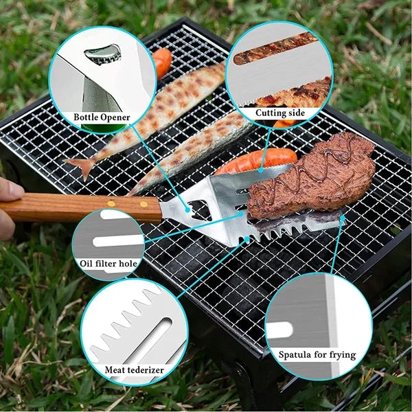 4 Piece Wooden Handle Stainless Steel BBQ Tool Kit