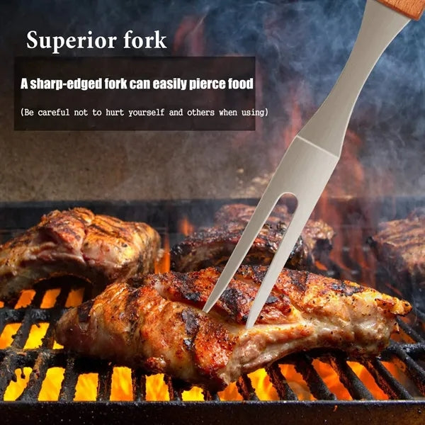 4 Piece Wooden Handle Stainless Steel BBQ Tool Kit