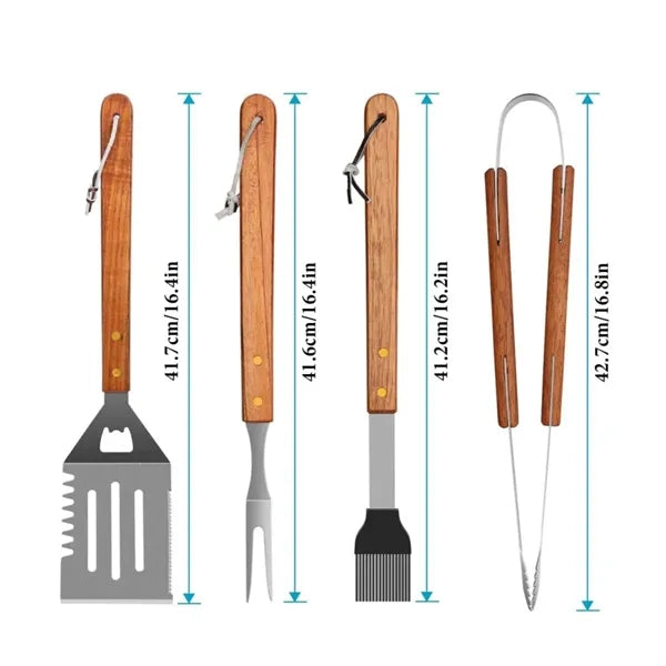 4 Piece Wooden Handle Stainless Steel BBQ Tool Kit