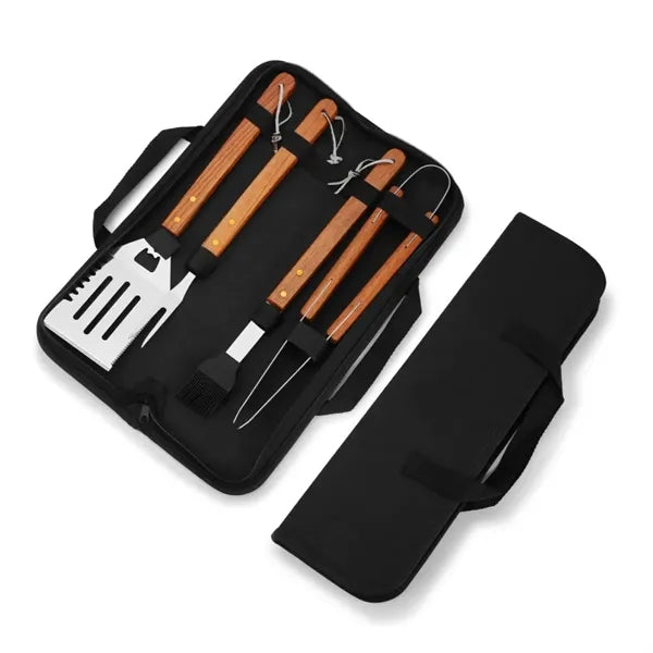 4 Piece Wooden Handle Stainless Steel BBQ Tool Kit