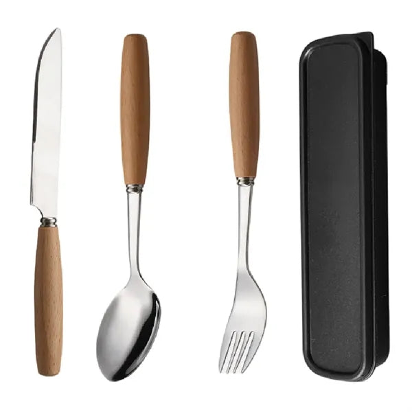Stainless Steel Knife Fork Spoon Set W/ Wooden Handle