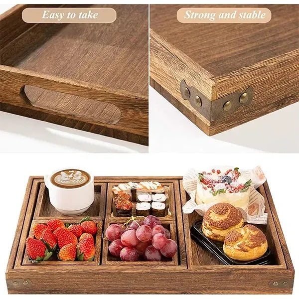 Rustic Natural Wooden Serving Food Service Tray with Handle