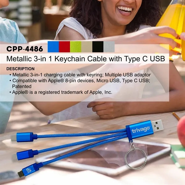 Metallic 3-in 1 Keychain Cable with Type C USB