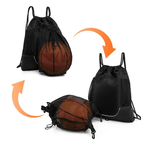 Drawstring Backpack with Detachable Basketball Mesh Pocket