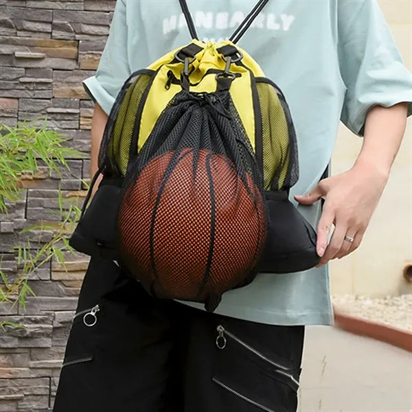 Drawstring Backpack with Detachable Basketball Mesh Pocket