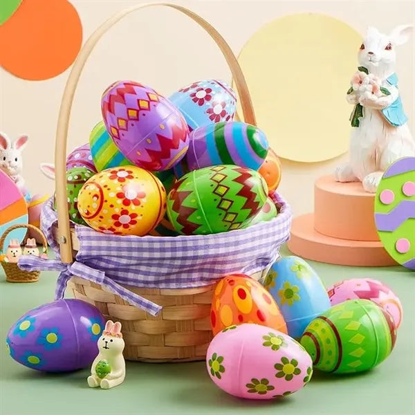 Colored plastic Easter eggs with flexible hinges