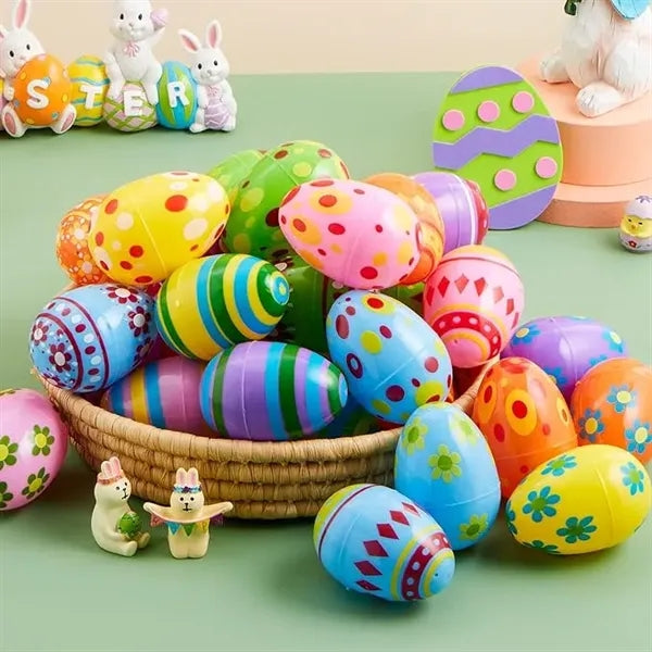 Colored plastic Easter eggs with flexible hinges
