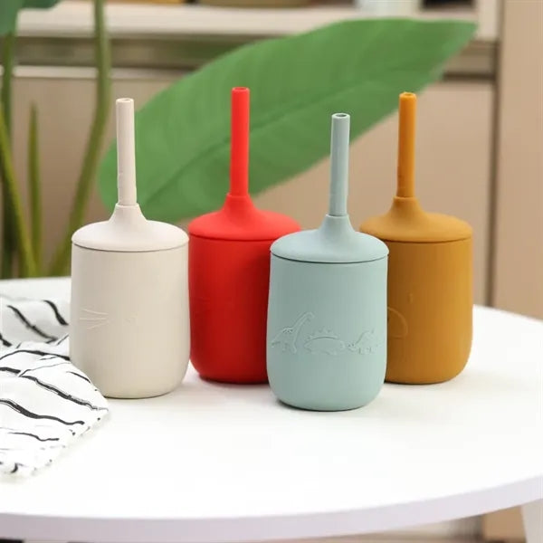 Silicone Baby Sippy Cup with Straw ,Bear Dino Cat design