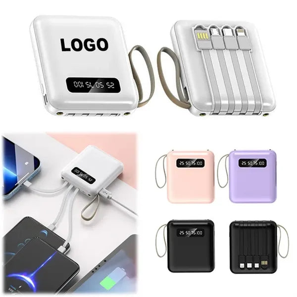 Portable Power Bank 4 Cables 10000mAh Charger w/LED Light