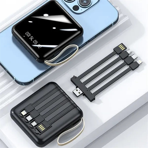 Portable Power Bank 4 Cables 10000mAh Charger w/LED Light