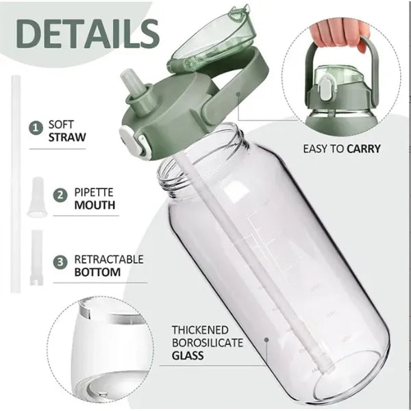 64oz Glass Water Bottles with Straw Time Marker