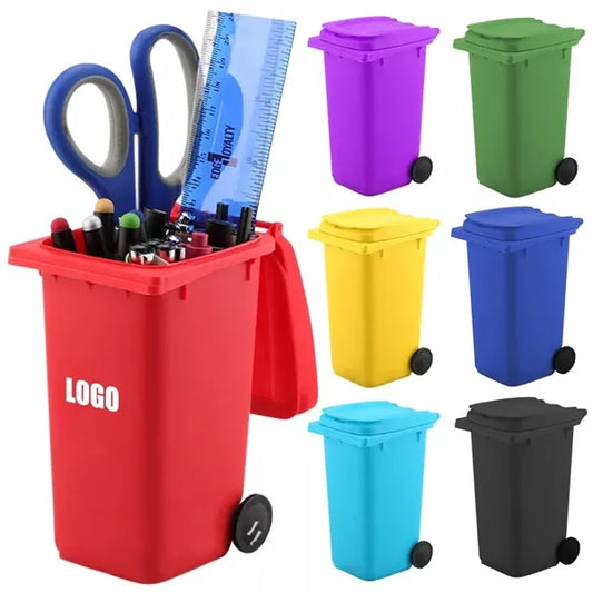Trash Bin Shaped Pencil Holder with Lid Desktop Organizer