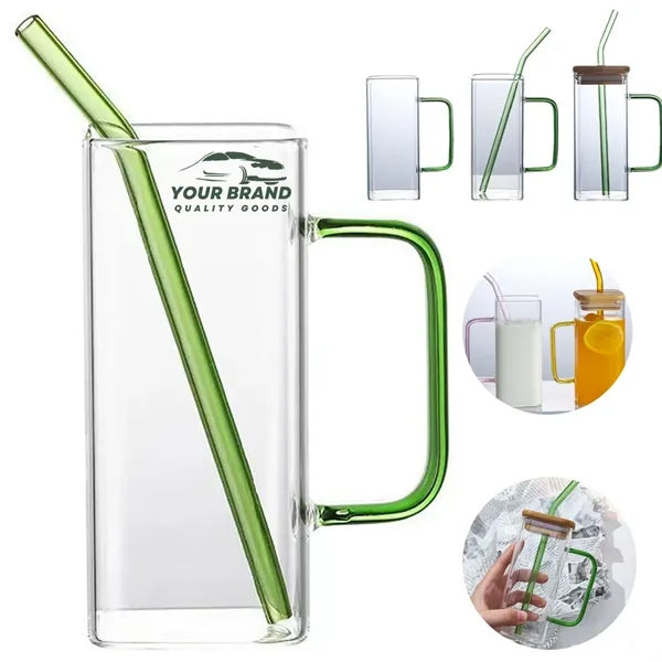 13.5OZ.Water Beverage Clear Glass Cups Pot w/Straw&Lid