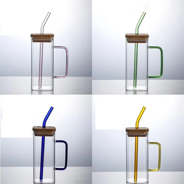 13.5OZ.Water Beverage Clear Glass Cups Pot w/Straw&Lid