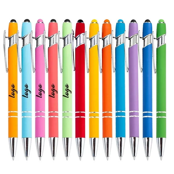 Rainbow Rubberized Soft Touch Ballpoint Pen with Stylus Tip
