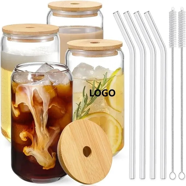 Bamboo lid glass straw cup 4-piece set