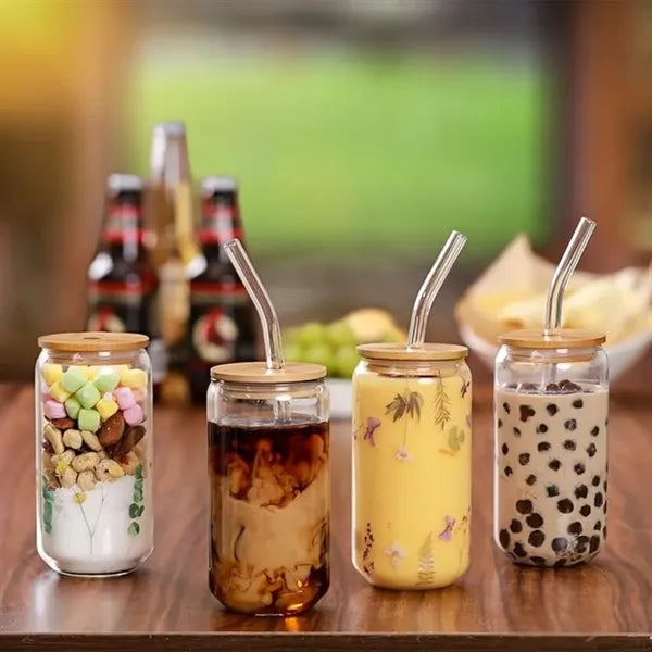 Bamboo lid glass straw cup 4-piece set