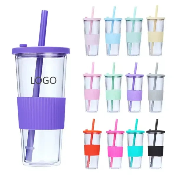 24oz Double Wall Clear Plastic Tumbler With Lid and Straw