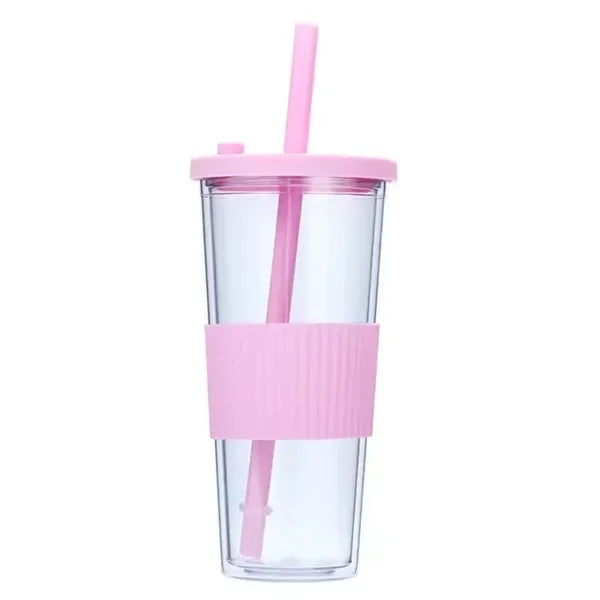 24oz Double Wall Clear Plastic Tumbler With Lid and Straw