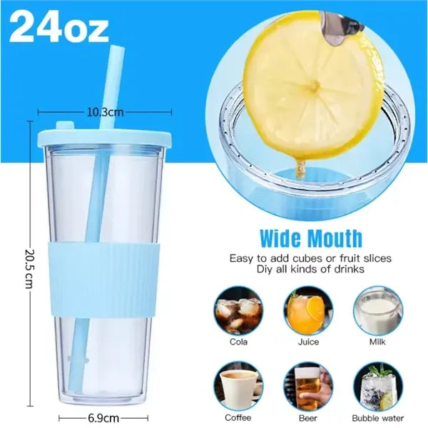 24oz Double Wall Clear Plastic Tumbler With Lid and Straw