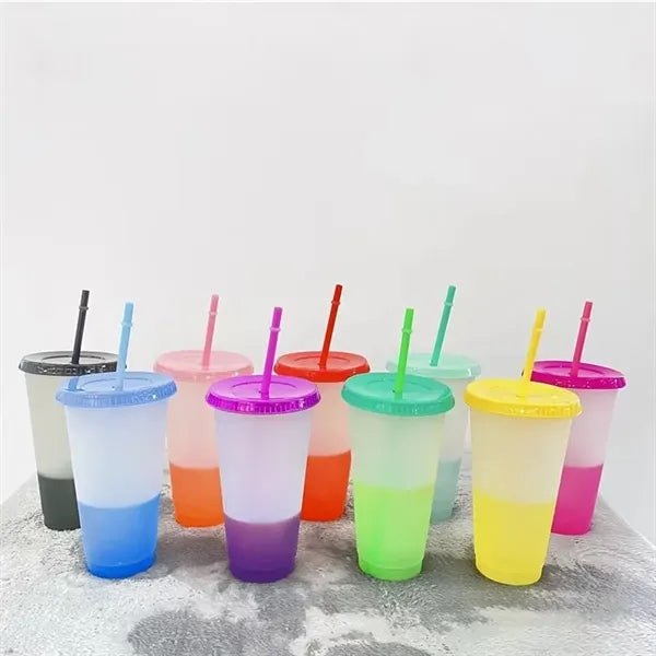 Lidded Color Changing Plastic Daily Use Straw Juice Cup