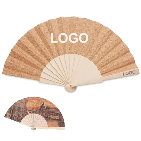 9"Eco-Friendly Folding Manual Wood Hand Fan With Cork Fabric