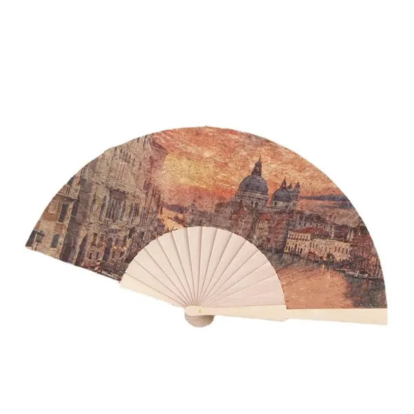 9"Eco-Friendly Folding Manual Wood Hand Fan With Cork Fabric
