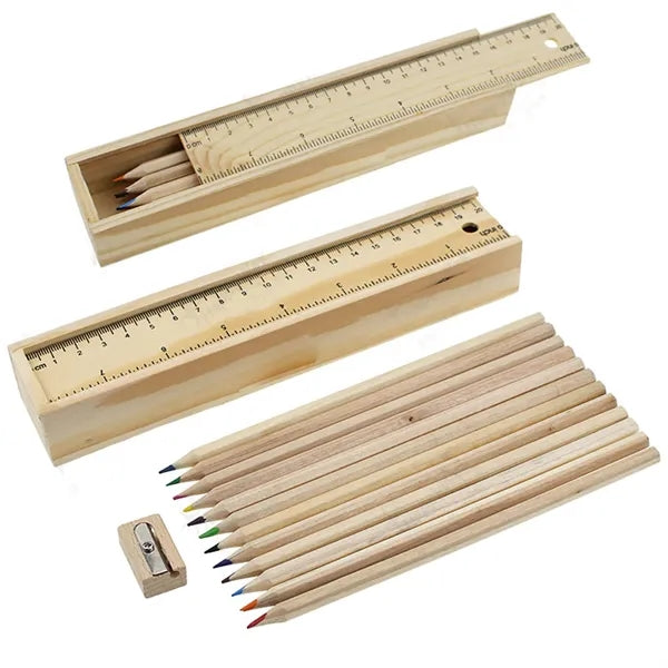 12 Color Pencil Ruler Sharpener Set W/ Wooden Box