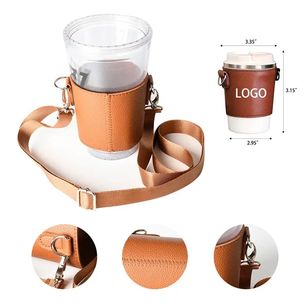 Leather Portable Crossbody Strap Cup Holder