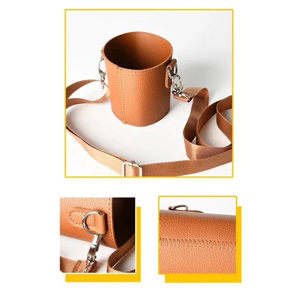 Leather Portable Crossbody Strap Cup Holder