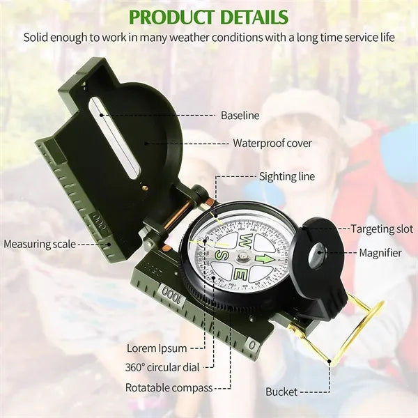 Folding Army Compass Survival Waterproof Surveying Lanyard