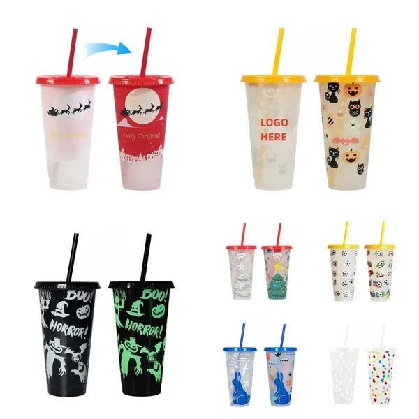 24Oz Cold Color Changing Cup w/ Lid Straw
