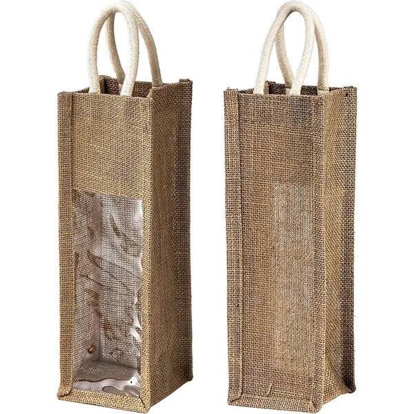 Single Burlap Jute Wine Bottle Bag With Clear Window