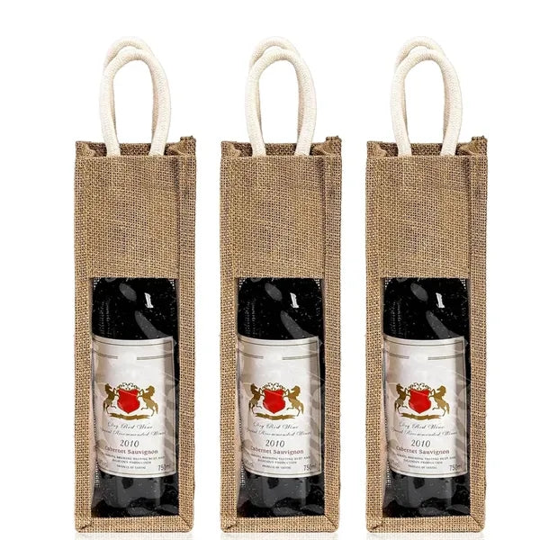 Single Burlap Jute Wine Bottle Bag With Clear Window