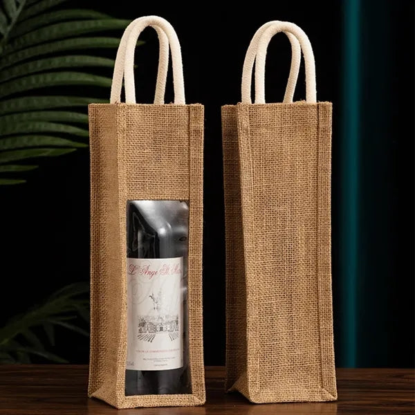 Single Burlap Jute Wine Bottle Bag With Clear Window