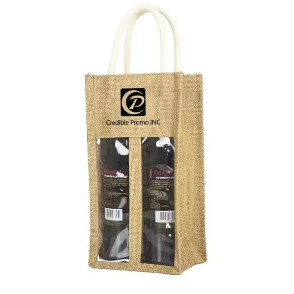 Burlap Jute Double Wine Bottle Bag With Clear Window