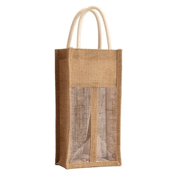 Burlap Jute Double Wine Bottle Bag With Clear Window